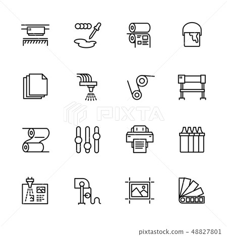 Printing house simple icon set. Contains such symbols printer, scanner, offset machine, plotter 48827801