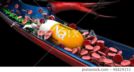 3d Illustration of Mineral Natrium Capsule dissolves in the vien 48829151