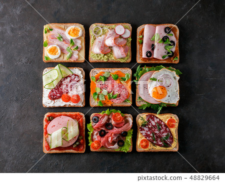 open sandwiches with different meat, copy space open sandwiches with different meat, copy space 48829664