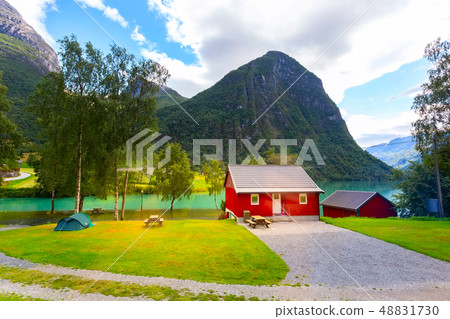 Norway, Olden red house and fjord landscape Norway, Olden red house and fjord landscape 48831730