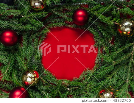 Christmas background. Balls of gold and red. Toys. 48832700