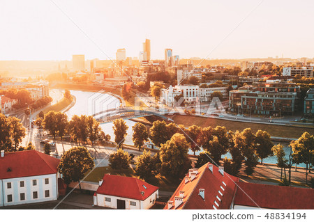 Sunset Sunrise Cityscape Of Vilnius, Lithuania In Summer. Beautiful Panoramic View In Evening 48834194