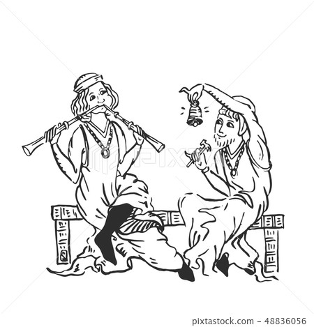 Medieval musicians duet of flute and percussion 48836056