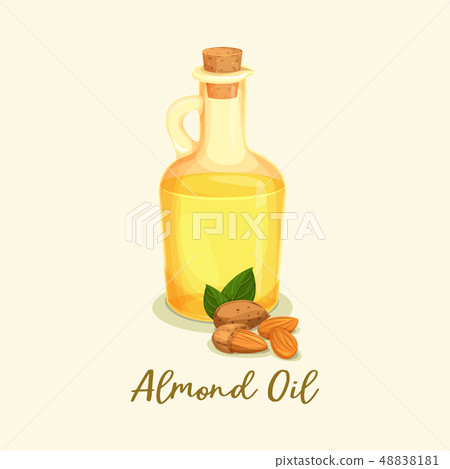 Bottle with golden almond oil or jar near nuts Bottle with golden almond oil or jar near nuts 48838181