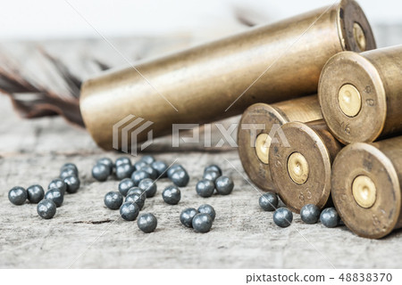 Hunting equipment on a wooden board 48838370