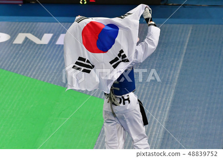 Taekwondo player running with Taegeukgi 48839752