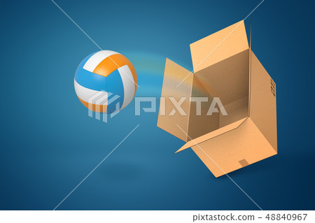3d rendering of white blue yellow volleyball ball flying out of carton box on blue background 48840967