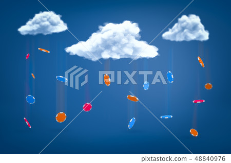 3d rendering of casino chips falling out of white clouds on blue background 48840976