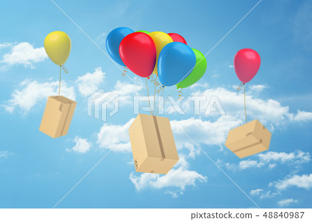 3d rendering of carton boxes attached to colorful balloons in the air with blue sky and white clouds 48840987