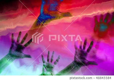 Colorful prints hands on a bright retro vaporwave style background. Contemporary art collage. 48843384