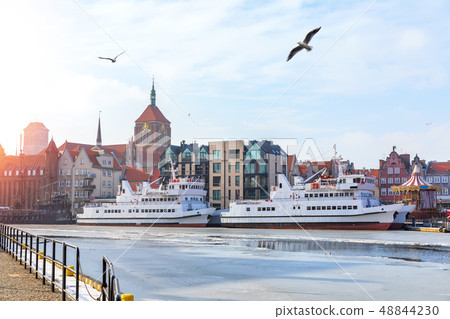 Ships in the Motlawa and the domes of the churches, Gdansk, Poland 48844230