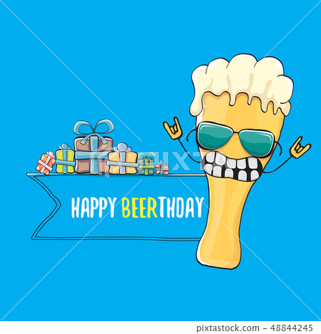 Happy Beerthday vector greeting card or print. Happy birthday party celebration poster with funky 48844245