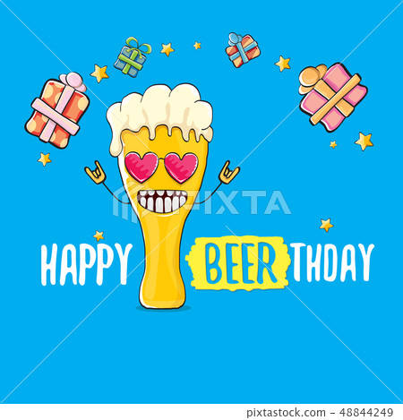 Happy Beerthday vector greeting card or print. Happy birthday party celebration poster with funky Happy Beerthday vector greeting card or print. Happy birthday party celebration poster with funky 48844249