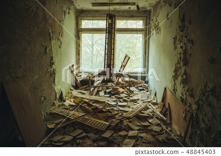 Chornobyl exclusion zone. Radioactive zone in Pripyat city - abandoned ghost town. Chernobyl history Chornobyl exclusion zone. Radioactive zone in Pripyat city - abandoned ghost town. Chernobyl history 48845403