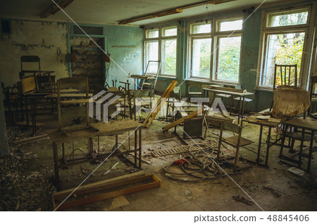 Chornobyl exclusion zone. Radioactive zone in Pripyat city - abandoned ghost town. Chernobyl history Chornobyl exclusion zone. Radioactive zone in Pripyat city - abandoned ghost town. Chernobyl history 48845406