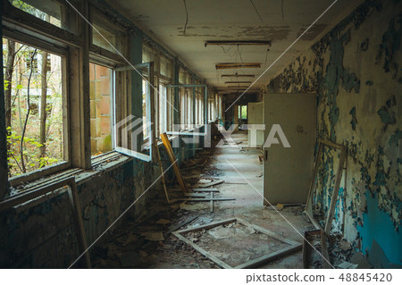 Chornobyl exclusion zone. Radioactive zone in Pripyat city - abandoned ghost town. Chernobyl history Chornobyl exclusion zone. Radioactive zone in Pripyat city - abandoned ghost town. Chernobyl history 48845420