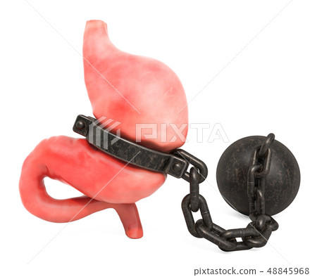 Stomach Pain concept. Human stomach with shackle Stomach Pain concept. Human stomach with shackle 48845968