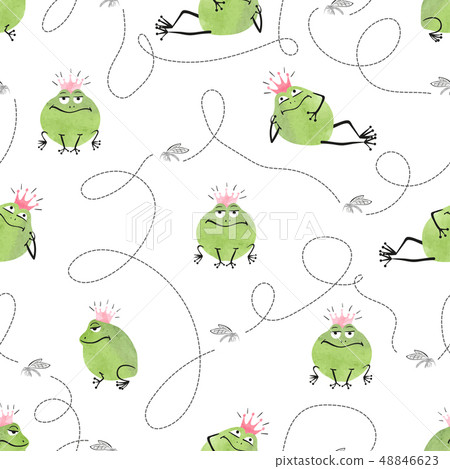 Seamless pattern with cute frogs and mosquitoes 48846623