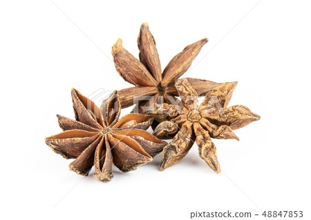 Dry brown star anise fruit isolated on white Dry brown star anise fruit isolated on white 48847853
