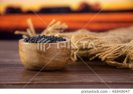 Black lentils beluga with autumn field behind 48848047