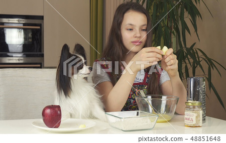 Teen girl with dog Papillon prepare cookies, knead the dough 48851648