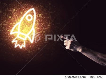 Man palm presenting Rocket web icon as technology concept 48854263