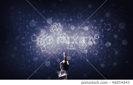 Glowing cogwheel mechanism icon on dark background as symbol of Glowing cogwheel mechanism icon on dark background as symbol of 48854845