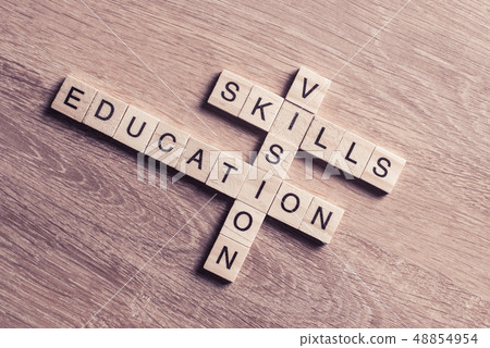 Conceptual keywords on wooden table with elements of game making Conceptual keywords on wooden table with elements of game making 48854954