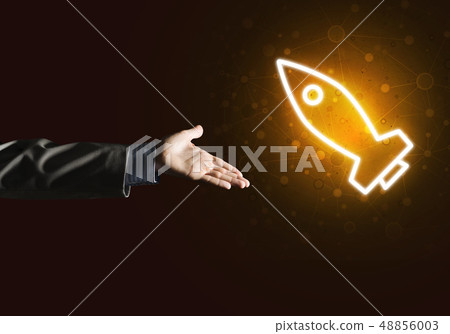 Man palm presenting Rocket web icon as technology concept Man palm presenting Rocket web icon as technology concept 48856003