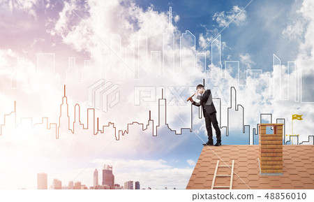 Engineer man standing on roof and looking in spyglass. Mixed media 48856010