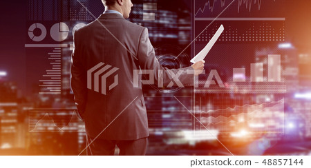 Digital background with infographs and man extending papers or contract Digital background with infographs and man extending papers or contract 48857144