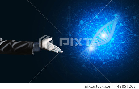 Science medicine and technology concepts as DNA molecule on dark background with connection lines Science medicine and technology concepts as DNA molecule on dark background with connection lines 48857263