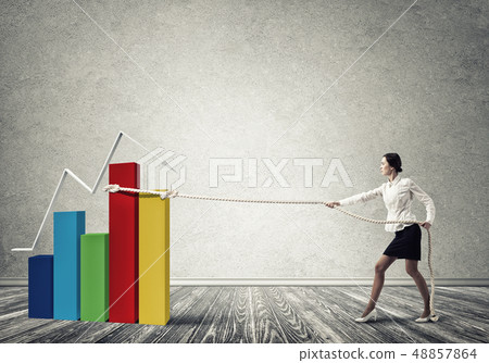 Businesswoman pulling garph with rope as symbol of power and control Businesswoman pulling garph with rope as symbol of power and control 48857864