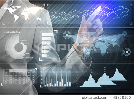 Hand of businesswoman pressing with finger icon on media screen Hand of businesswoman pressing with finger icon on media screen 48858160