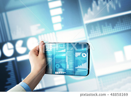 Media technology concept presented by businessman holding tablet with graphs and diagrams Media technology concept presented by businessman holding tablet with graphs and diagrams 48858169