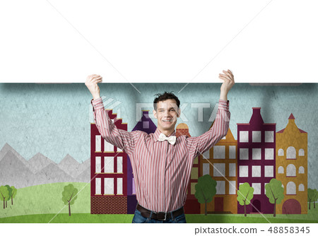 Cheerful man with banner Cheerful man with banner 48858345