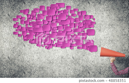 Hand of man holding red paper trumpet and speech cloud coming out 48858351