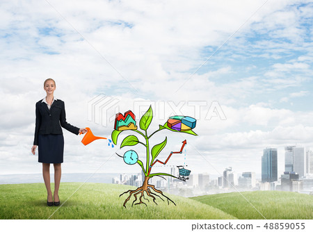 Young businesswoman outdoors watering drawn growth concept with can Young businesswoman outdoors watering drawn growth concept with can 48859055