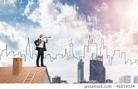 Engineer man standing on roof and looking in spyglass. Mixed media Engineer man standing on roof and looking in spyglass. Mixed media 48859334