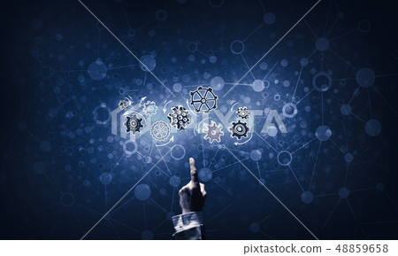 Glowing cogwheel mechanism icon on dark background as symbol of 48859658