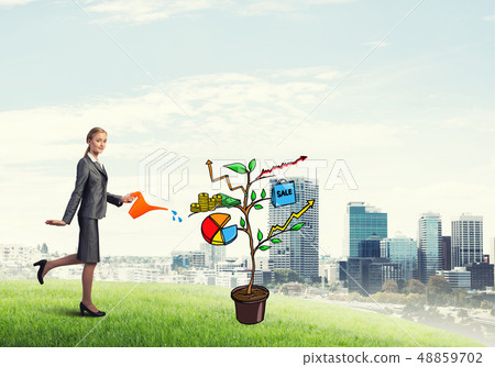 Young businesswoman outdoors watering drawn growth concept with can 48859702