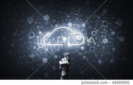 Technology idea concept with glowing cloud icon and touching it Technology idea concept with glowing cloud icon and touching it 48860992