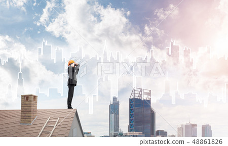 Engineer man standing on roof and looking in binoculars. Mixed media 48861826