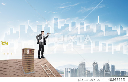 Engineer man standing on roof and looking in spyglass. Mixed media Engineer man standing on roof and looking in spyglass. Mixed media 48862635