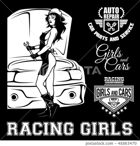 Woman repairing a car - label for garage service - monochrome isolated on black 48863470