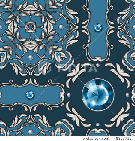 Seamless baroque pattern with gems 48863755