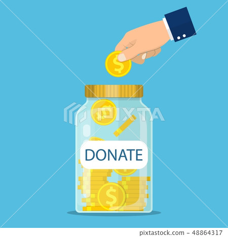 Glass jar for making donations and coin in hand 48864317