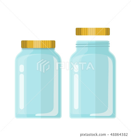 Empty glass transparent jar with gold lid. Empty glass transparent jar with gold lid. 48864382