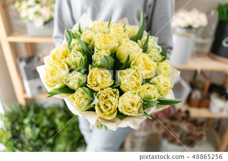 Young beautiful woman holding a spring bouquet of yellow tulips in her hand. Bunch of fresh cut Young beautiful woman holding a spring bouquet of yellow tulips in her hand. Bunch of fresh cut 48865256