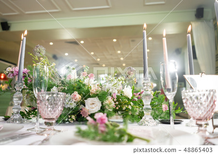 Floral decoration for wedding ceremony romance dining. Wedding banquet , festive decor. Bouquet from Floral decoration for wedding ceremony romance dining. Wedding banquet , festive decor. Bouquet from 48865403